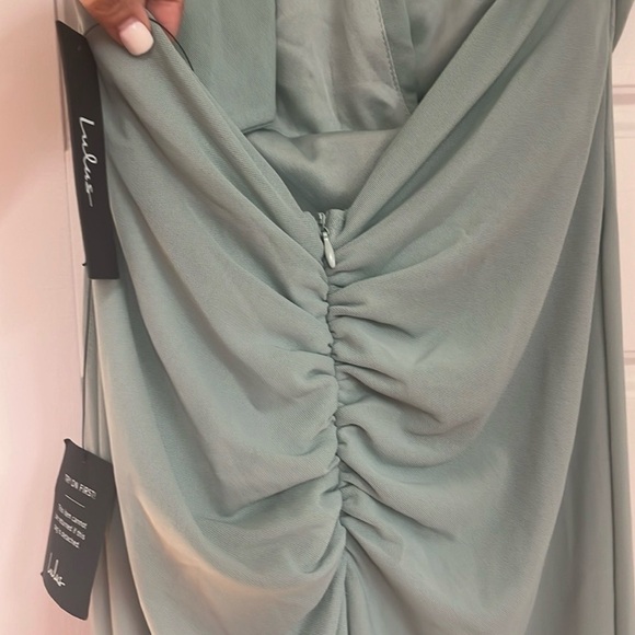 NWT-Celebratory Love Sage Green Mesh Ruched Halter Dress - Picture 10 of 13